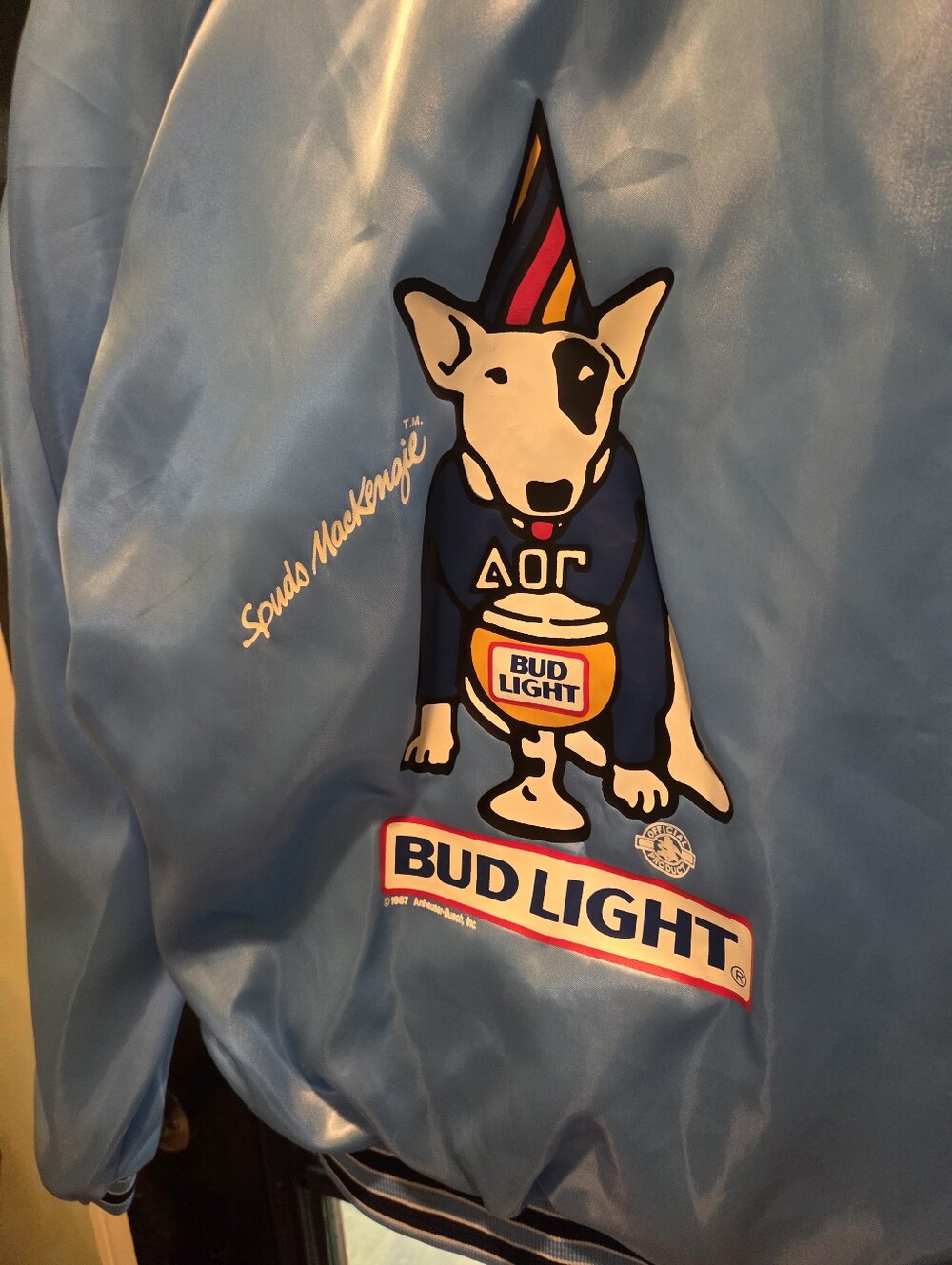 Vintage Bud Light Light Blue Satin Jacket with Striped Trim - Picture 3 of 5